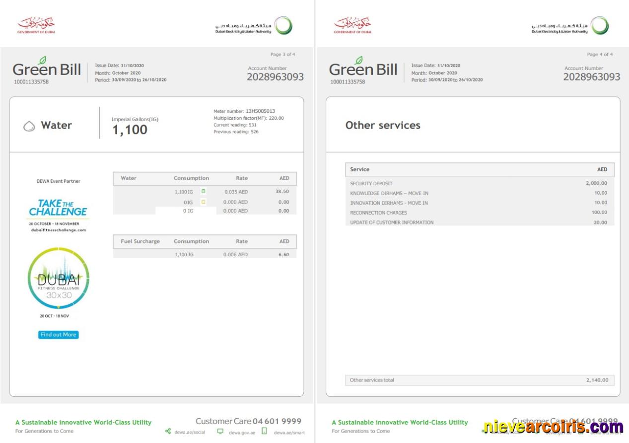 UAE Dubai Electricity & Water Authority utility bill 4 pages 3 4